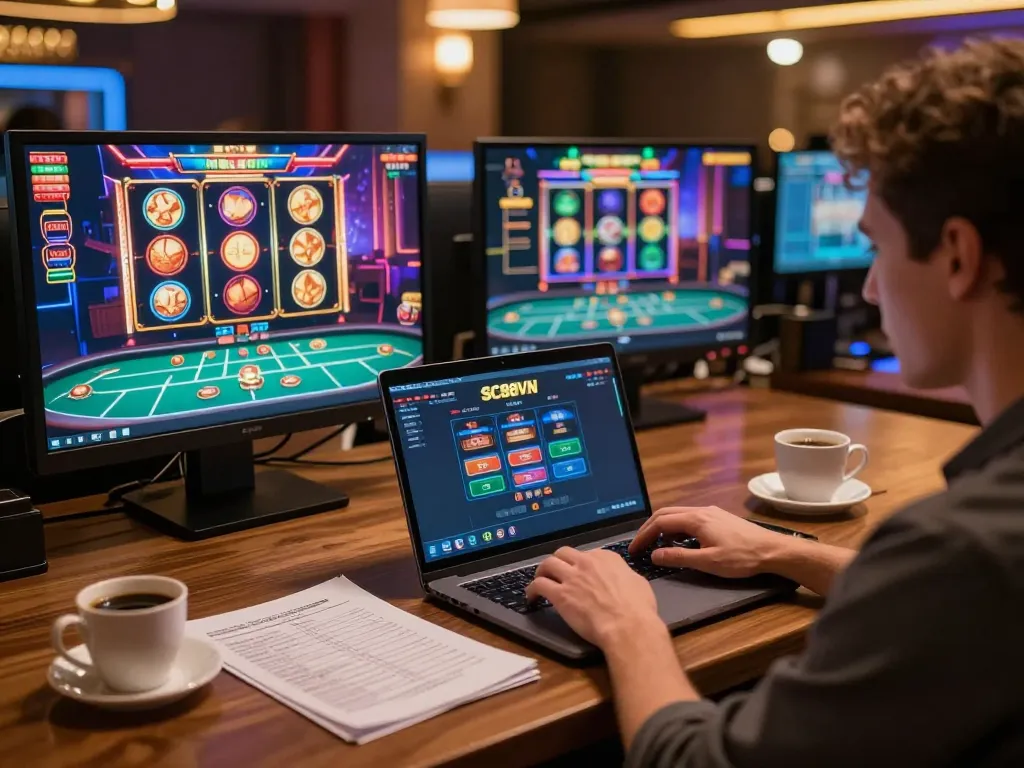 Engaging player exploring exciting sc88vn online casino games in a cozy gaming setup.