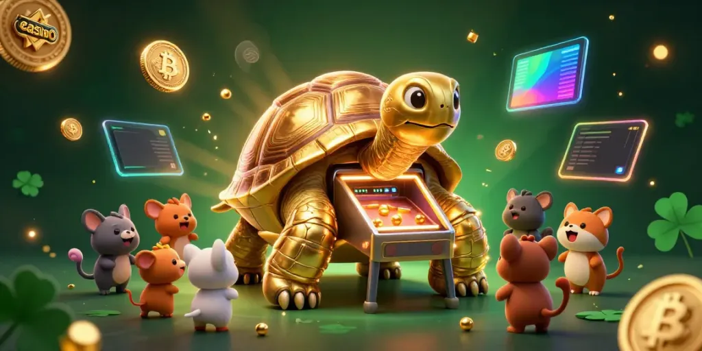 Engage in thrilling casino experiences with a vibrant 3D illustration showcasing gaming excitement and crypto elements.