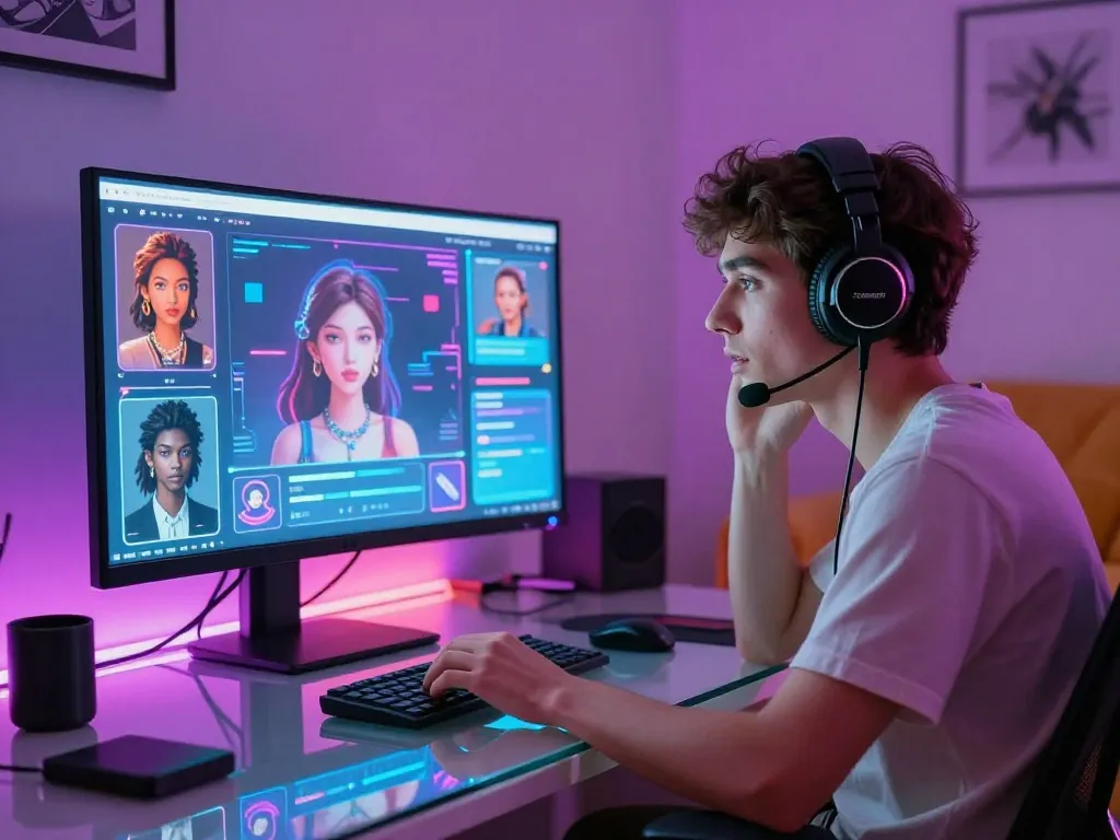Interactive NSFW AI chat scene with user engaging with a lifelike character, showcasing vibrant colors and modern tech.