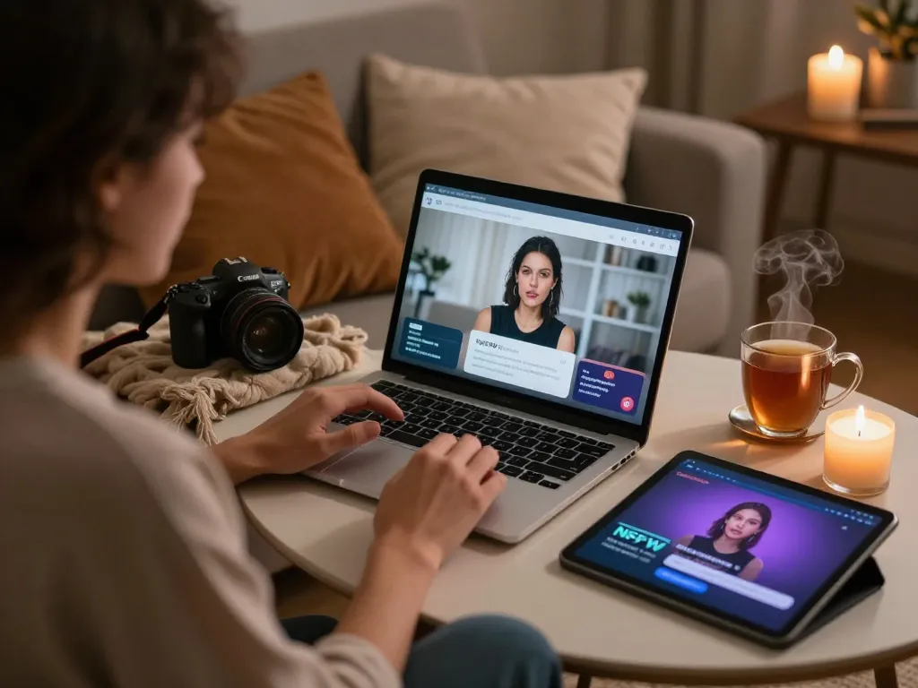 Engaging in a cozy sex chat AI experience on a laptop in a warm, inviting home setting.