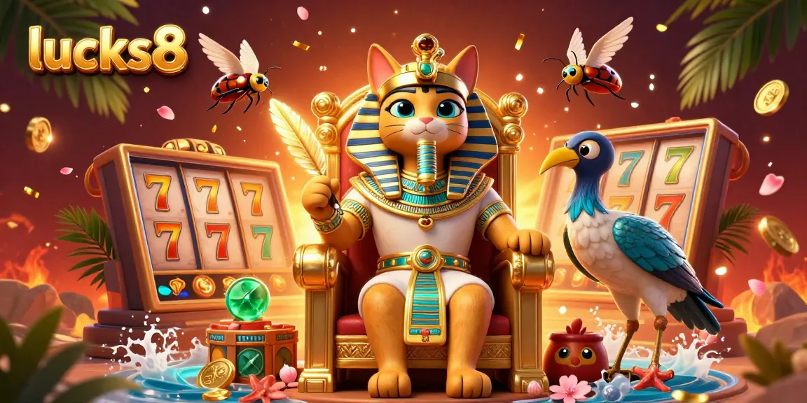 Engage in thrilling gameplay with lucks8, highlighted by a vibrant casino illustration featuring a pharaoh cat and dynamic slot reels.