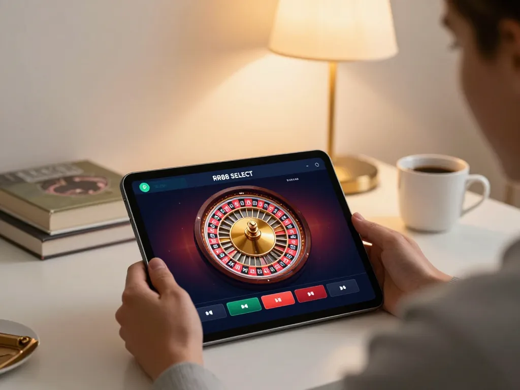 Engaging in RR88 SELECT online casino gaming on a tablet in a stylish home office environment.