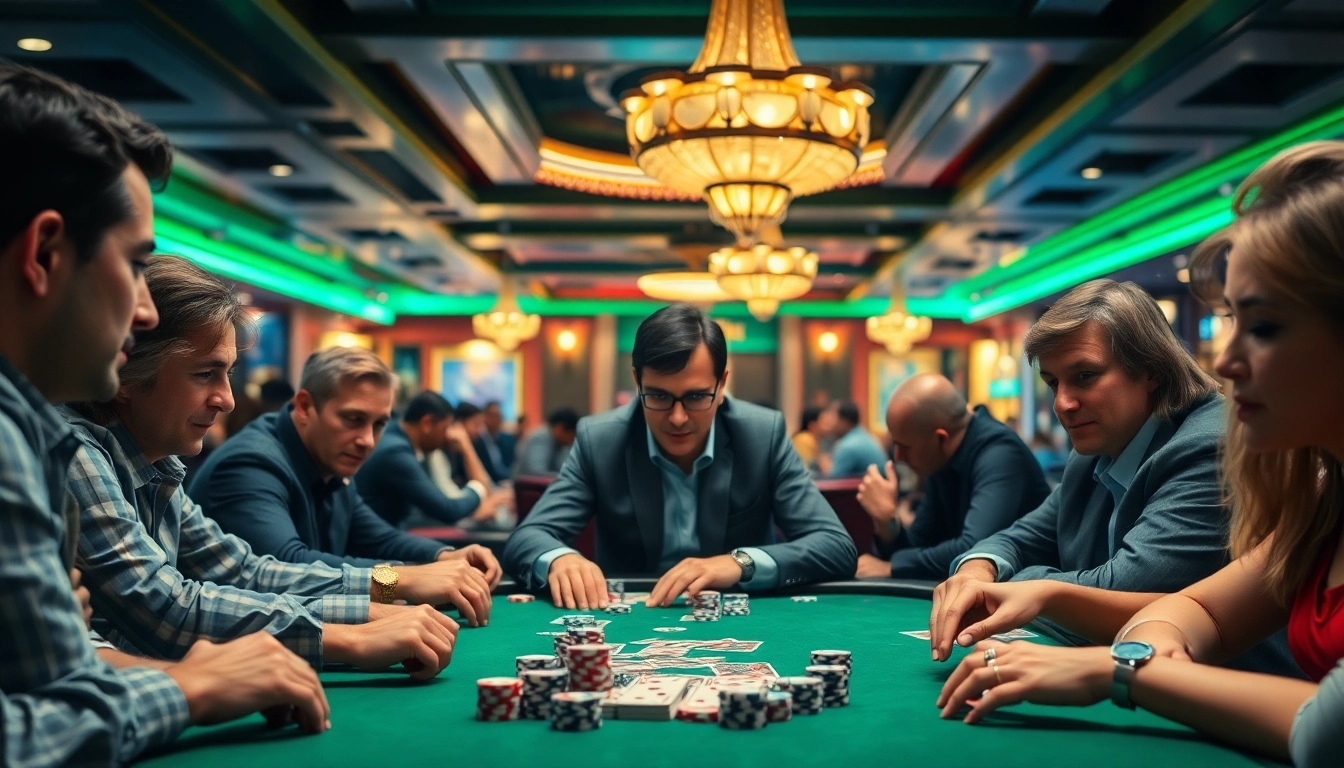 Engaging poker game scene showcasing players focused on a competitive match with cards and chips.