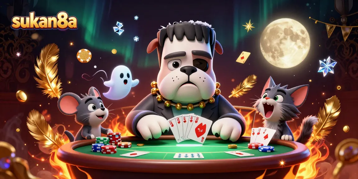 Sukan8a unleashes thrilling card action featuring a Frankenstein bulldog dealer with spooky elements and lively casino ambiance.