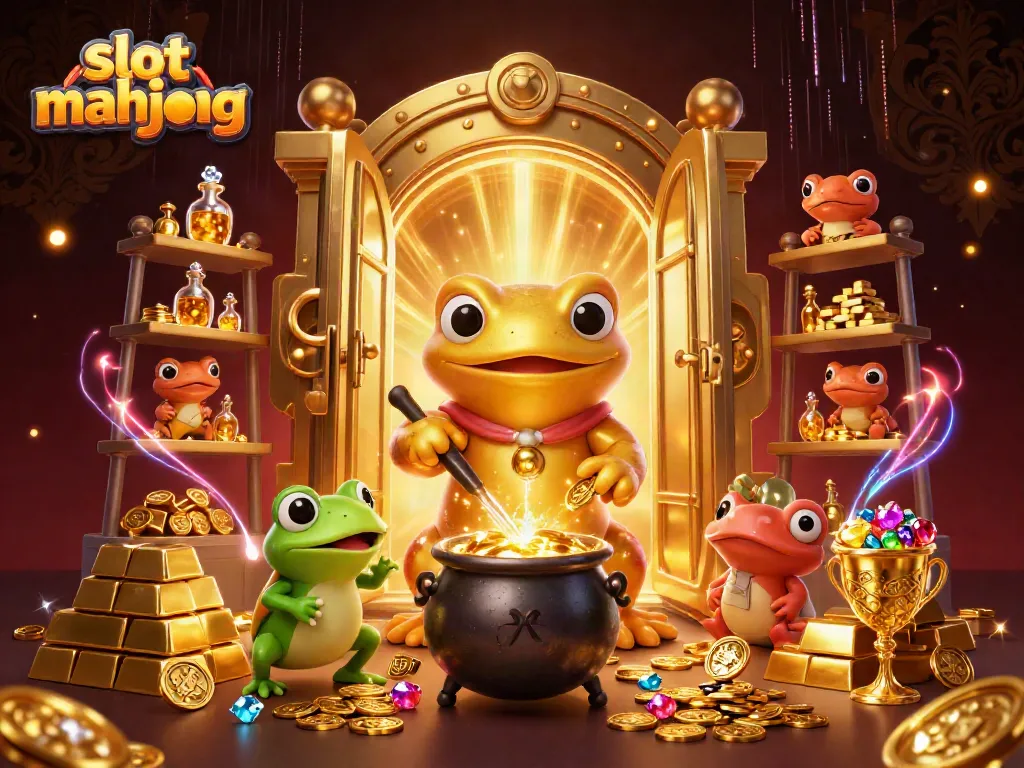 Experience the excitement of slot mahjong amidst a vibrant scene featuring golden treasures, colorful gems, and magical characters in an enchanting setting.