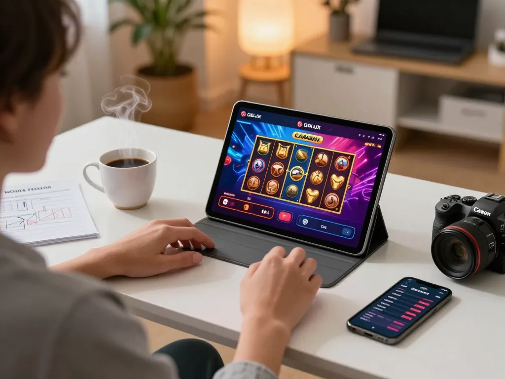 Engaging gameplay on the LGOLUX app in a cozy home office setting