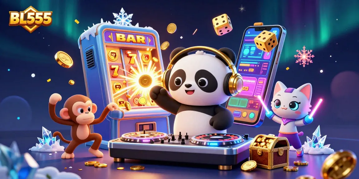 Engage in exciting gameplay with BL555's vibrant casino illustration showcasing dynamic characters and slots.