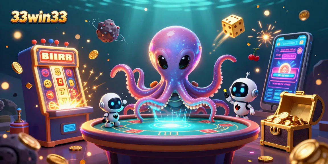 Engage in thrilling gameplay at 33win33 with a vibrant casino scene showcasing an alien octopus and dynamic gaming elements.