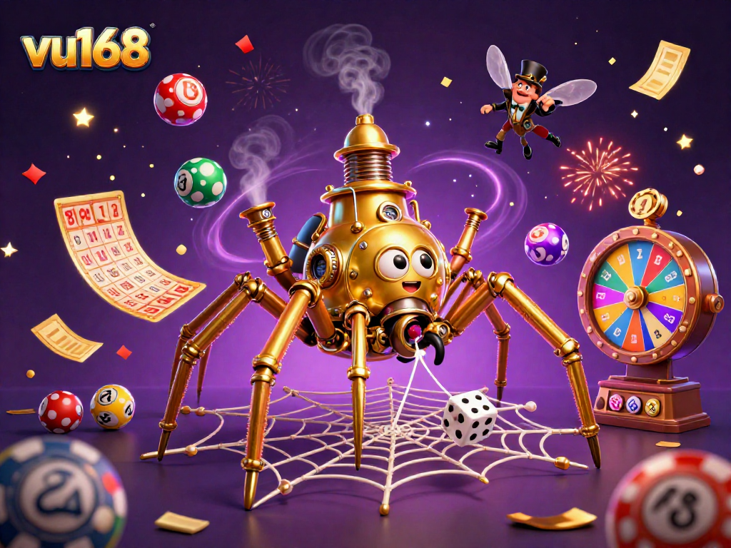 Experience thrilling moments at vu168 with a steampunk spider and vibrant casino game elements.