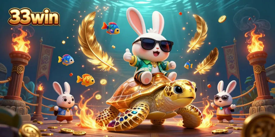 Engage with 33win's exciting games featuring a lucky rabbit and golden sea turtle amidst vibrant underwater chaos.
