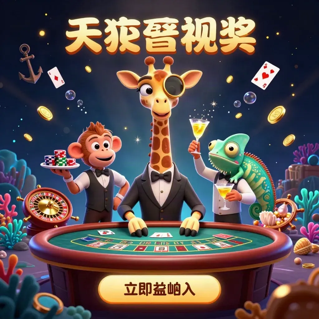 Giraffe, monkey, and chameleon in luxe casino treasure cove with roulette glow
