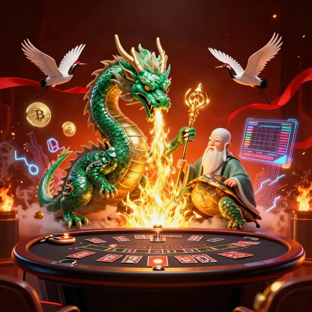Emerald dragon, turtle sage, cranes, coins, roulette wheel, and casino glow in a cinematic key art scene.
