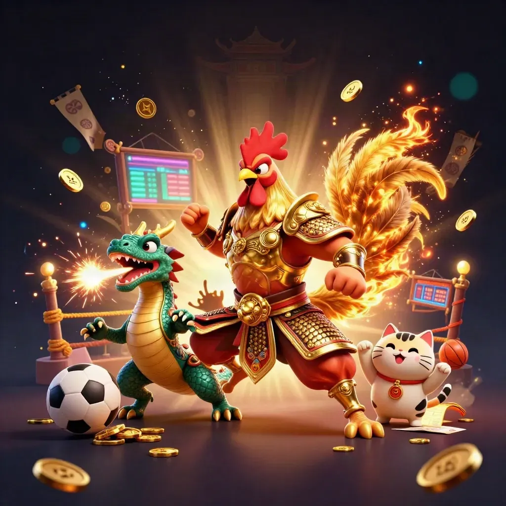 Rooster warrior, dragon hatchling, and fortune cat amid sparks, gold, and a temple gate.