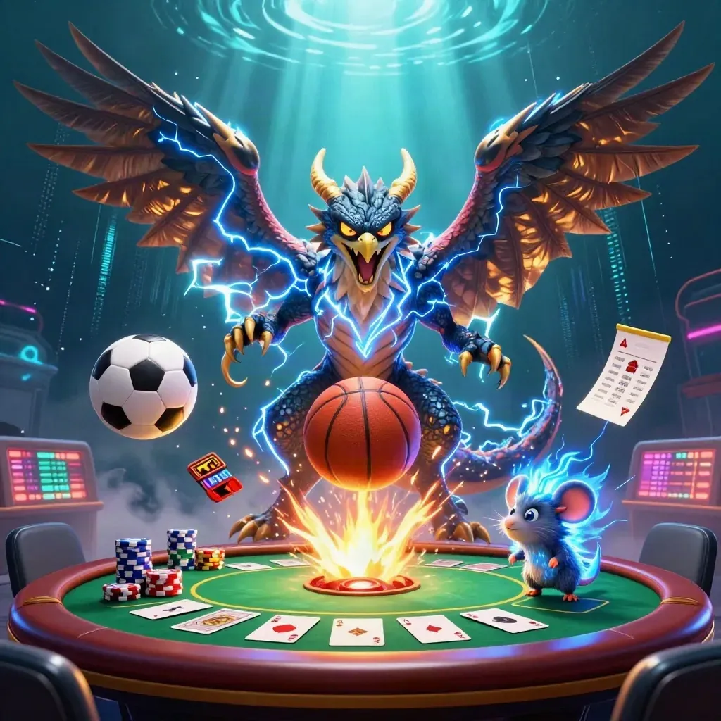 Dragon, hawk, and mouse erupt amid casino chips, cards, and sports balls in neon light.