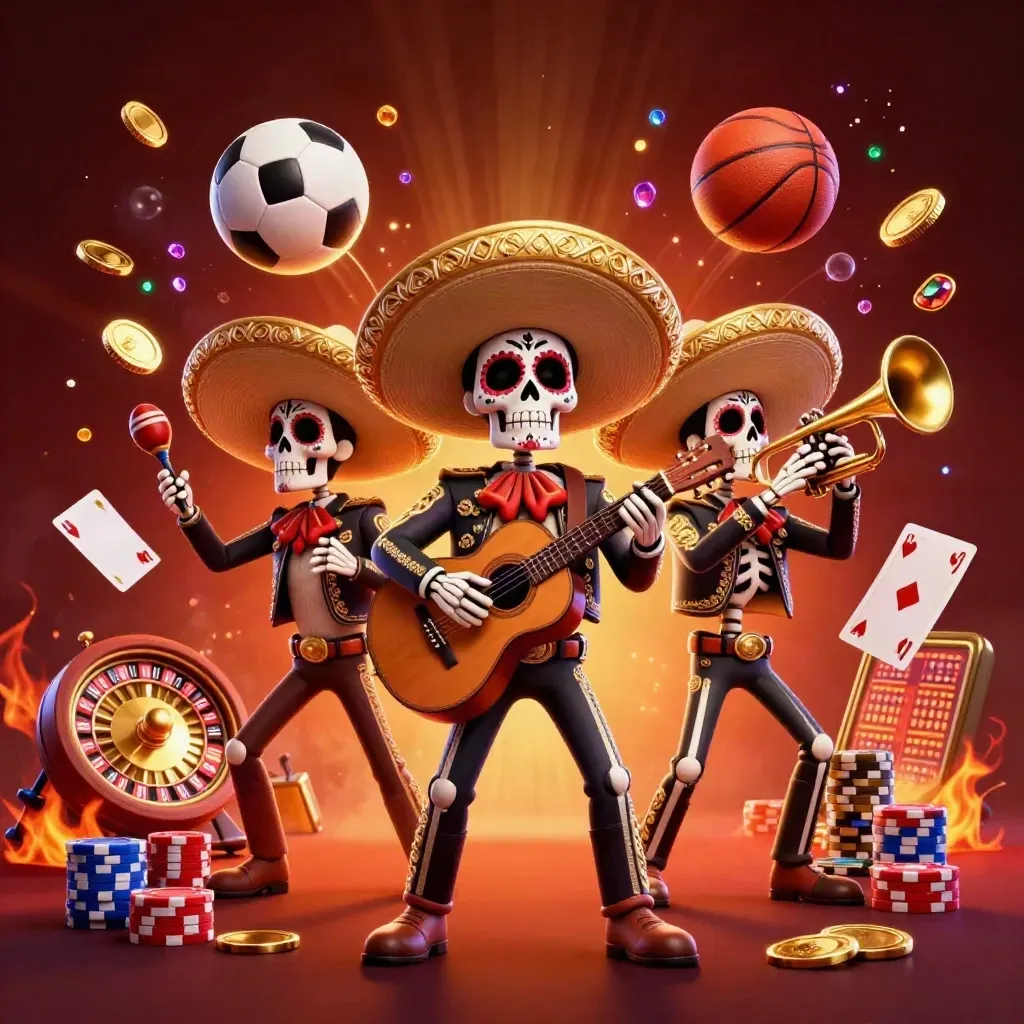 Skeleton mariachi trio amid casino bursts, roulette wheel, sports balls, chips, and glowing haze.