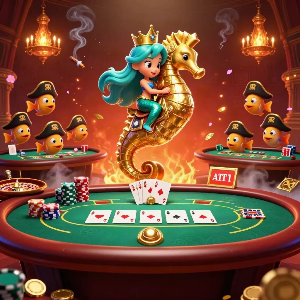 Mermaid princess on a golden seahorse in a luxe casino room with roulette and poker elements.