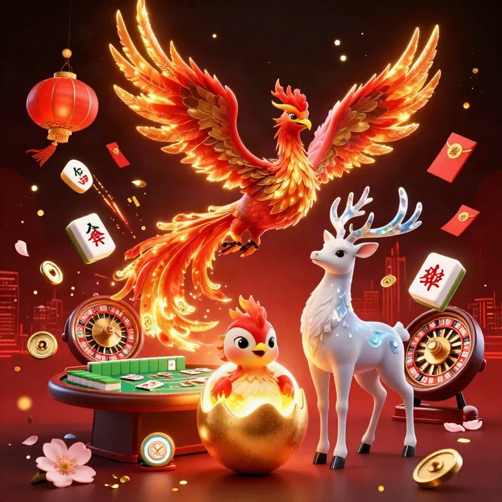 Phoenix, baby phoenix, and crystal-antlered stag amid casino luck symbols and glowing light