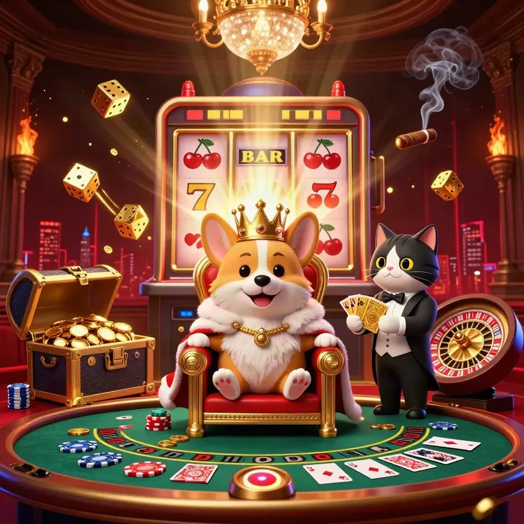 Corgi king and cat butler amid casino glam, slot burst, roulette spin, and gold treasure.
