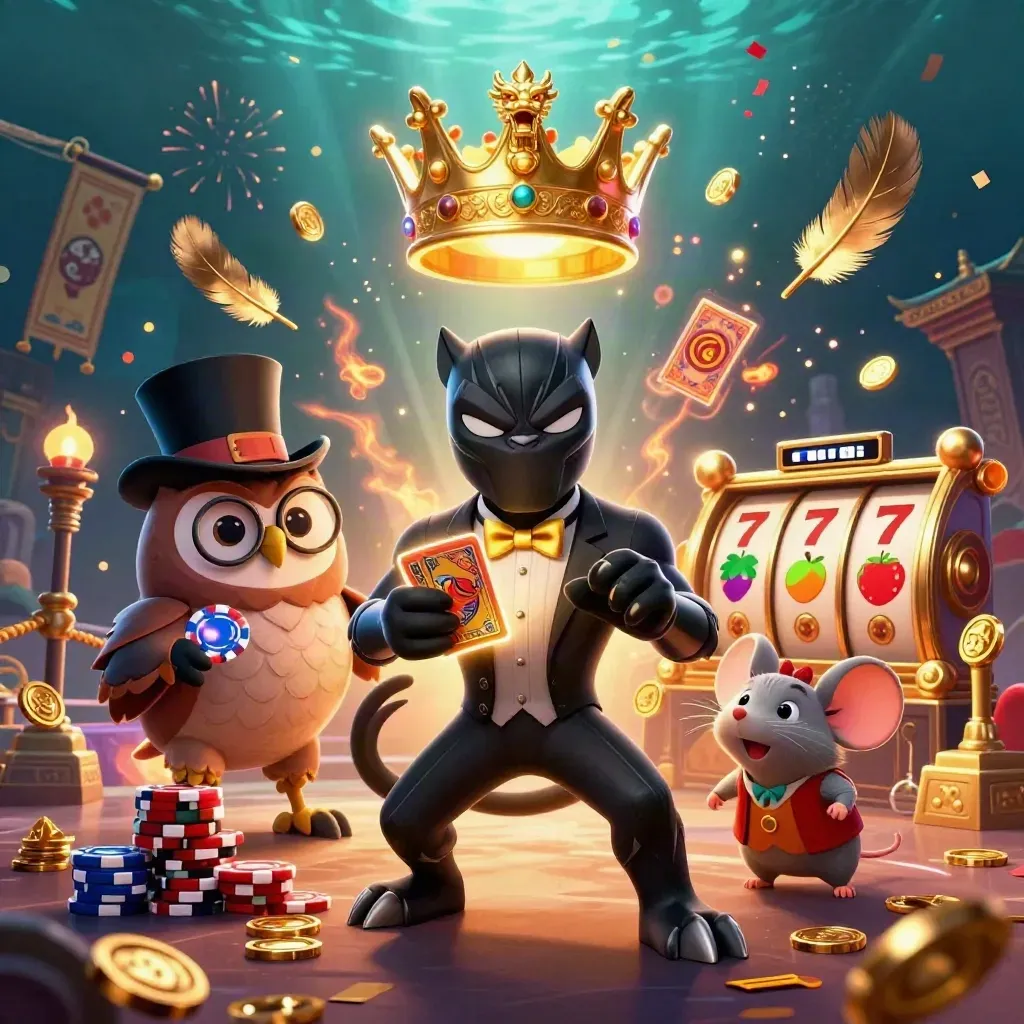 Panther, owl, and mouse swirl around a glowing dragon crown with chips, coins, and gold sparks.