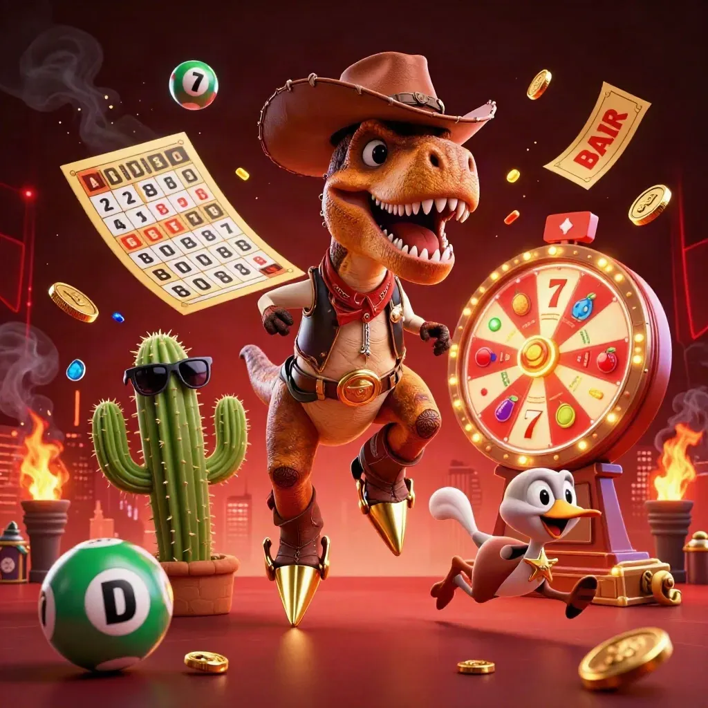 Cowboy T-Rex trio blasting casino loot, wheels, balls, and gold in a neon-gold jackpot burst.