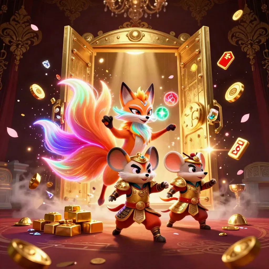 Nine-tailed fox spirit and golden samurai mouse burst from a vault amid gold, gems, and runes.