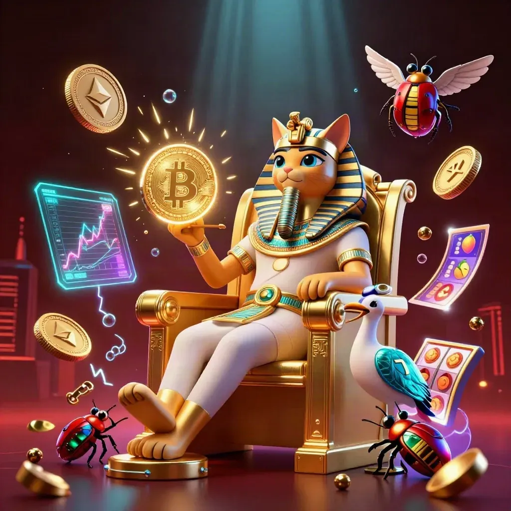 Pharaoh cat, ibis scribe, and gem-winged scarabs amid casino coins and neon effects
