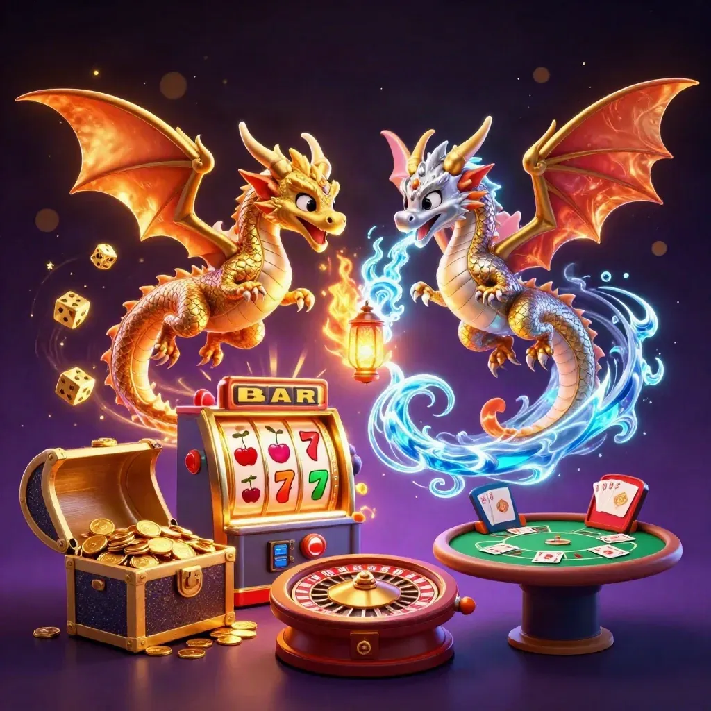 Gold and silver dragons swirl around slot jackpots, roulette, cards, and glowing casino loot.