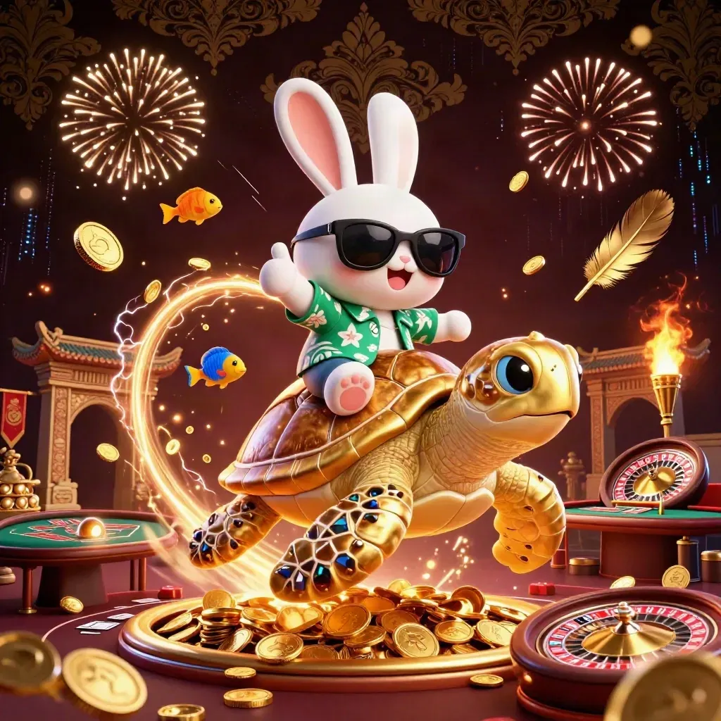 Lucky rabbit on golden turtle amid casino coins, roulette wheel, temple gate, and fireworks.
