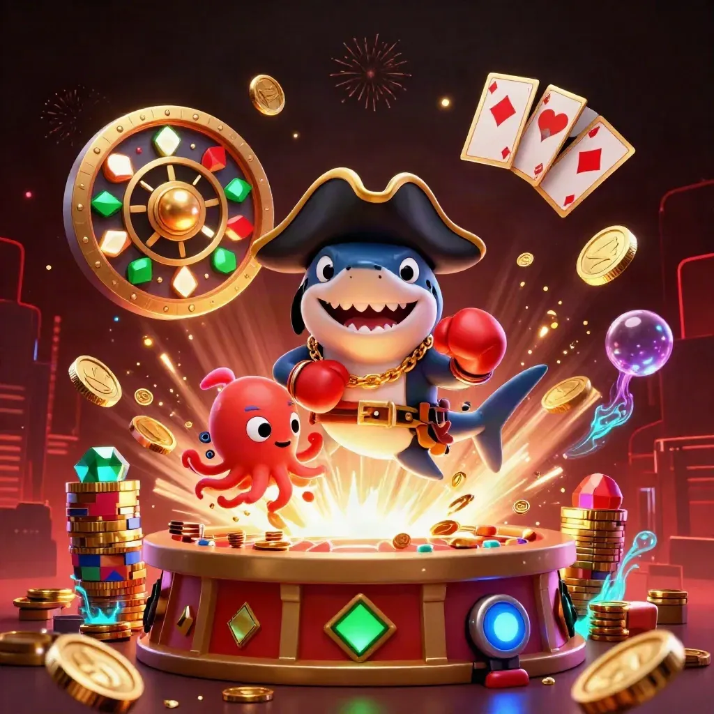 Pirate shark, boxing pufferfish, and coin-juggling octopus amid roulette, chips, and jackpots