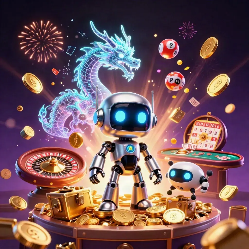 Cyberpunk robot, holographic dragon, and coin drone amid jackpot coins, roulette wheel, and fireworks