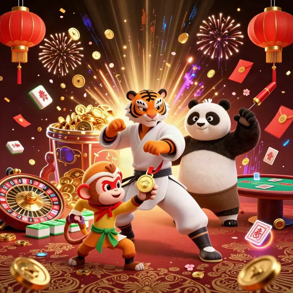 Kung-fu tiger, panda, and monkey amid bursting vault riches and casino effects