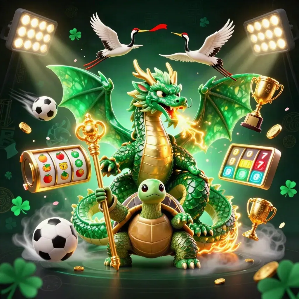 Jade dragon, turtle sage, and cranes amid jackpot reels, coins, and casino glow