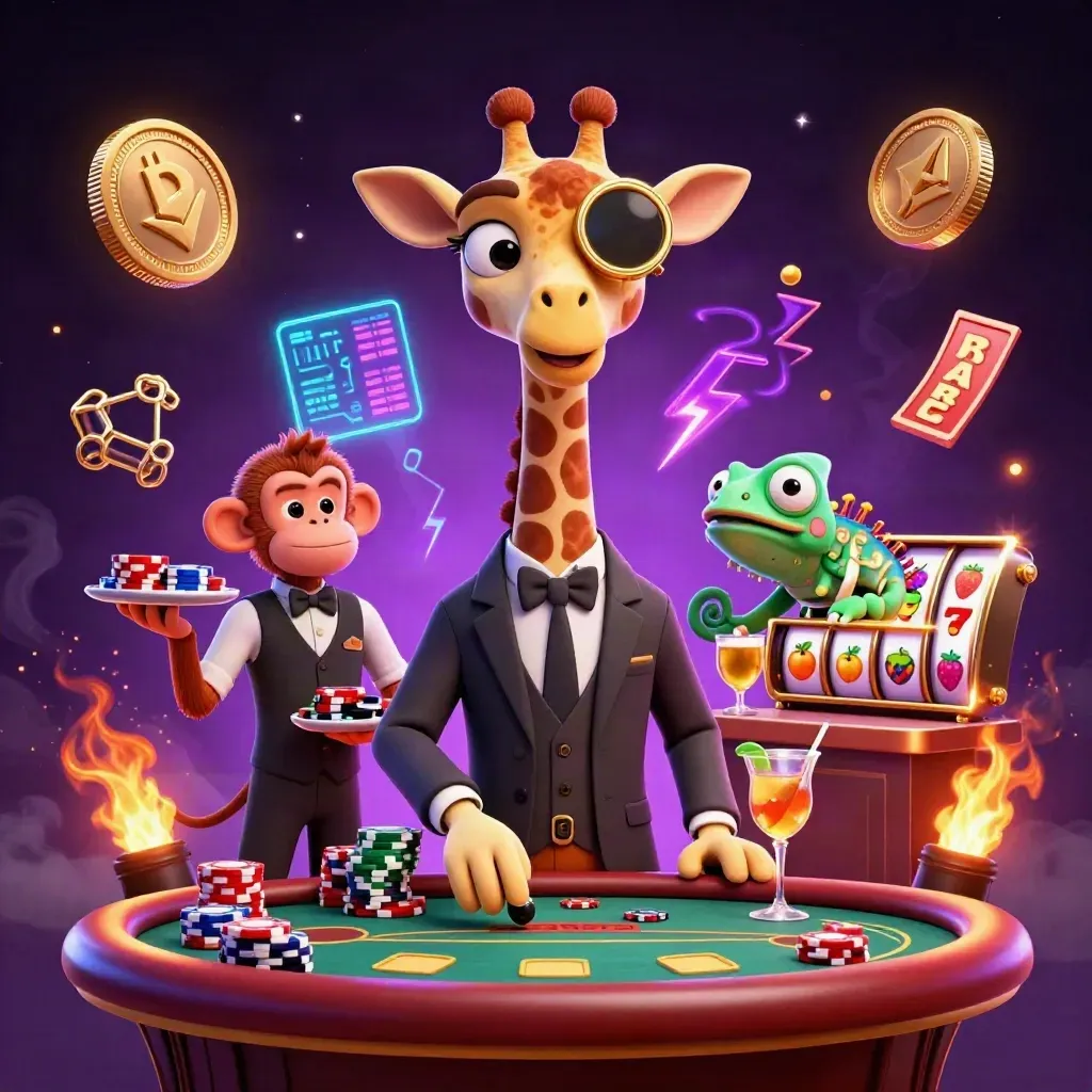 Giraffe, monkey, and chameleon casino heroes amid glowing coins, reels, and jackpot effects.