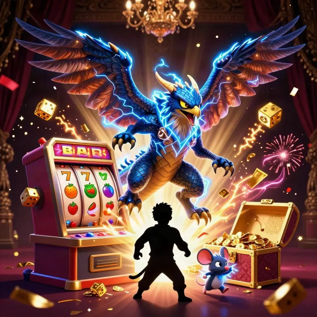 Thunder dragon, wind hawk, and static mouse amid jackpot slots, gold, confetti, and dark luxe casino glow