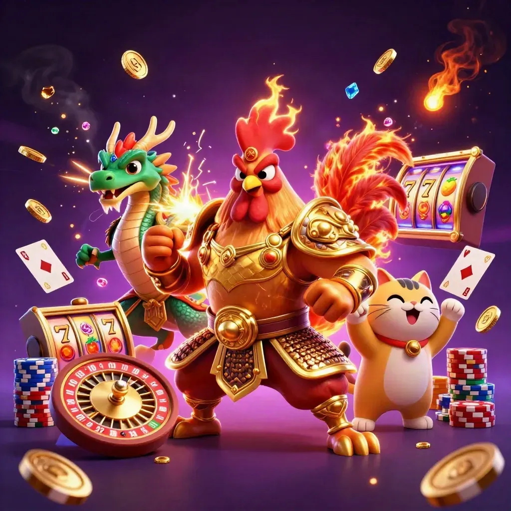Rooster samurai, spark-breathing dragon hatchling and lucky cat amid casino coins, chips and roulette