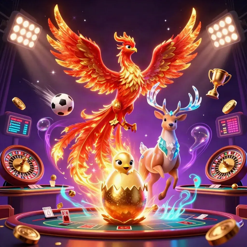 Phoenix, baby phoenix, stag, roulette wheel and casino gold in neon jackpot key art.