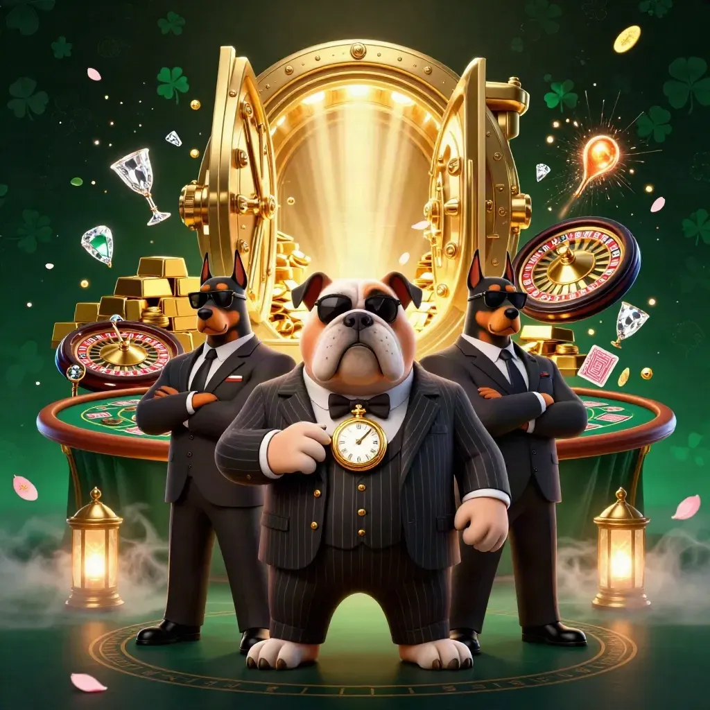 Bulldog boss with two Doberman guards amid vault gold, roulette wheel, cards, and glowing casino effects.
