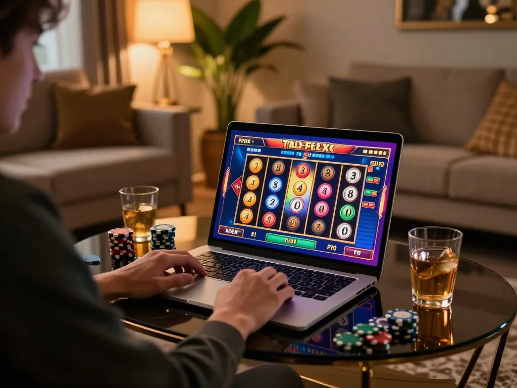 Engaging online casino gameplay on LGOLUX with vibrant slot game interface and cozy home setup.