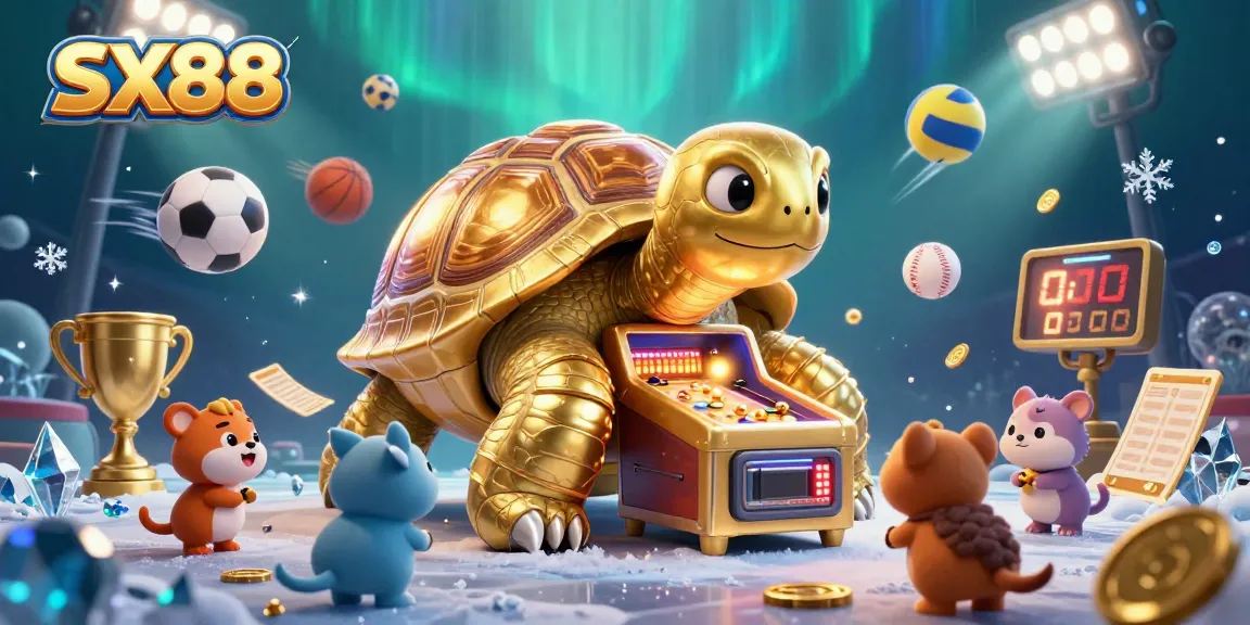 SX88 players excitedly engage with a colossal golden tortoise pinball game amidst dynamic sports elements