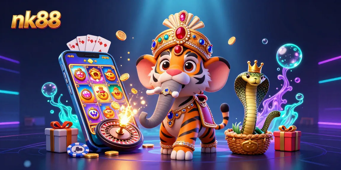 Spin vibrant slot games and live casinos with nk88, featuring dynamic characters and thrilling gaming action.