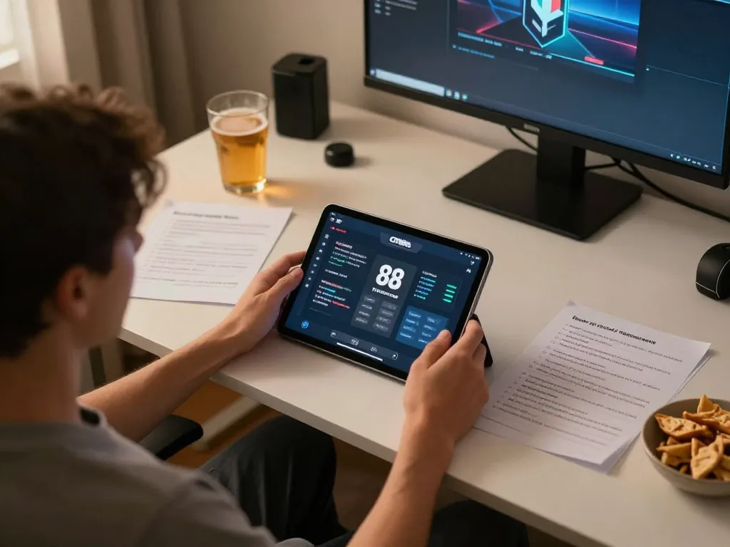 Engaging with cm 88 interface on tablet at a cozy home gaming setup, showcasing bankroll management notes