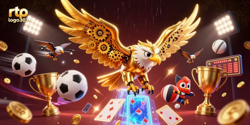 Rtp logo303 menang dalam aksi dengan elang emas cybernetic, bola olahraga, dan kartu holografik di kasino virtual.
