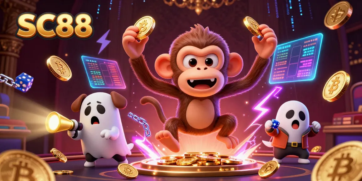 Join the fun at SC88 with engaging casino games as the playful poltergeist monkey juggles golden treasures.
