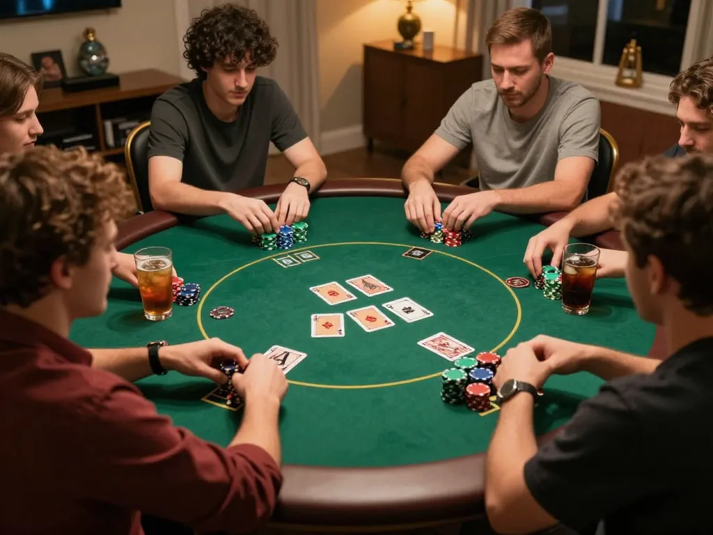 Experience w188 excitement at a vibrant home poker game, friends competing with chips and cards under warm lighting.