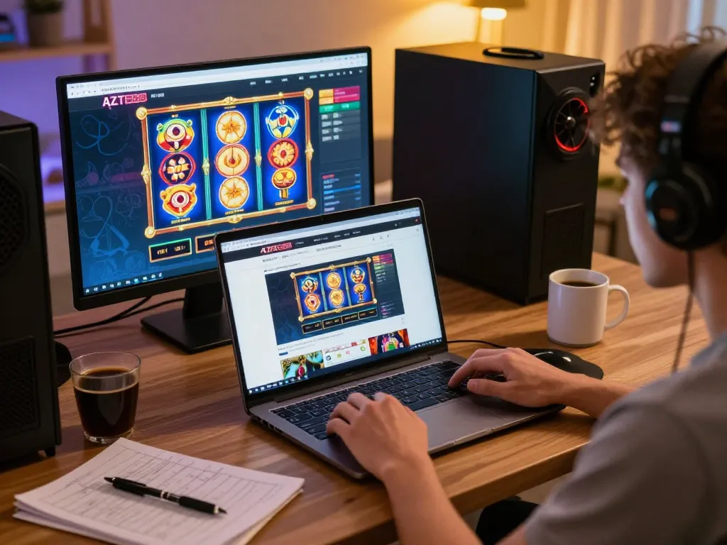 player enjoying AZTEC888 slots on laptop with colorful interface in cozy home setting
