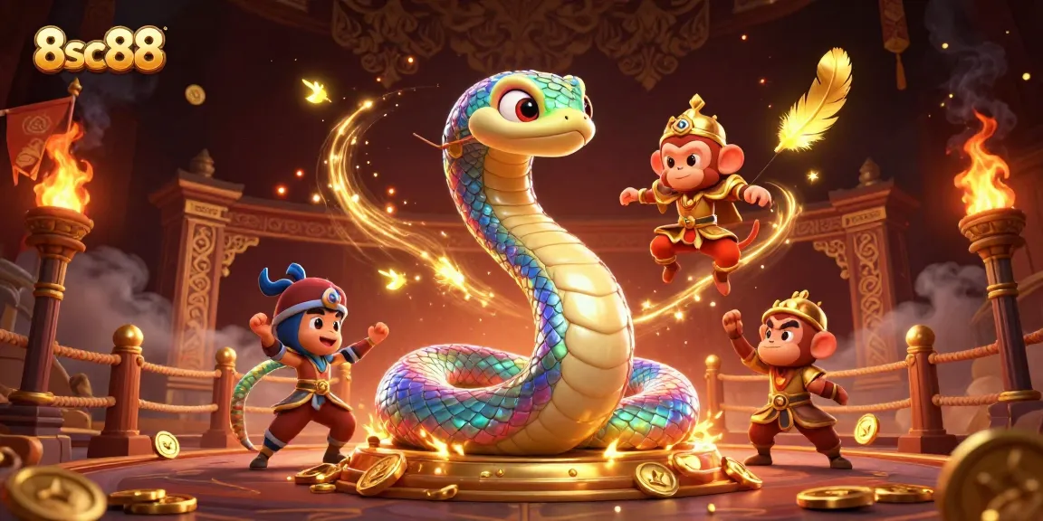 Engage with 8sc88's vibrant online casino world featuring playful characters in a rich gambling setting.