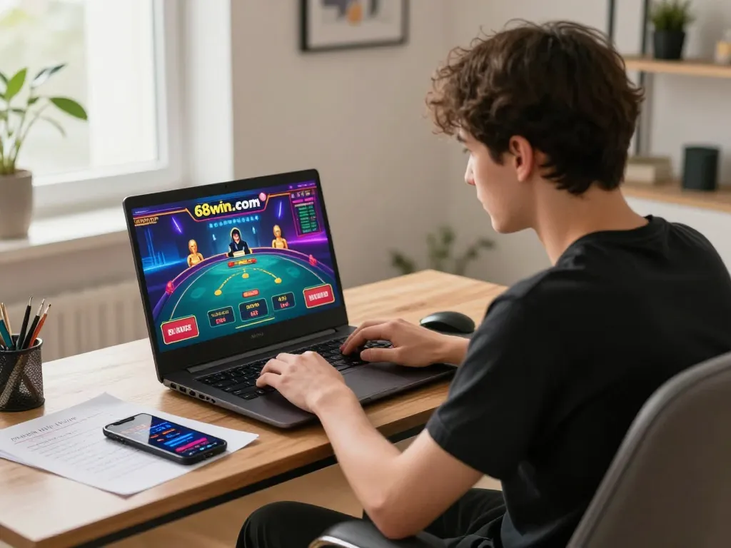 Player engaging in strategic gameplay on 68win.com while enjoying a cozy home gaming setup