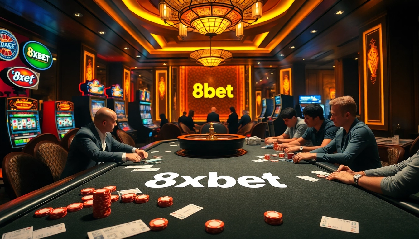Players competing at a high-stakes poker table with 8xbet branding in an upscale casino environment.
