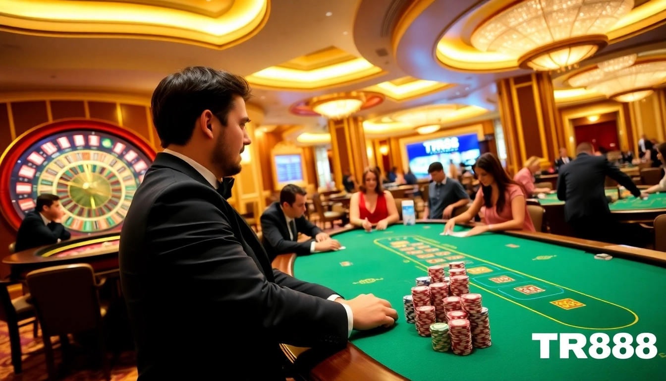 TR88 casino players enjoy a luxurious experience at poker tables amidst golden lighting.