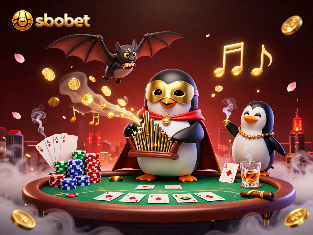 SBOBET bets with a vibrant scene featuring a cartoon penguin playing a golden organ, poker chips, and dynamic casino elements.